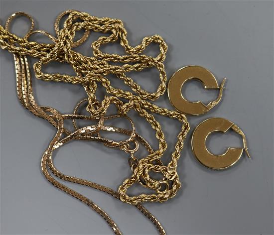 Two 9k gold necklaces and a pair of 9ct gold earrings.